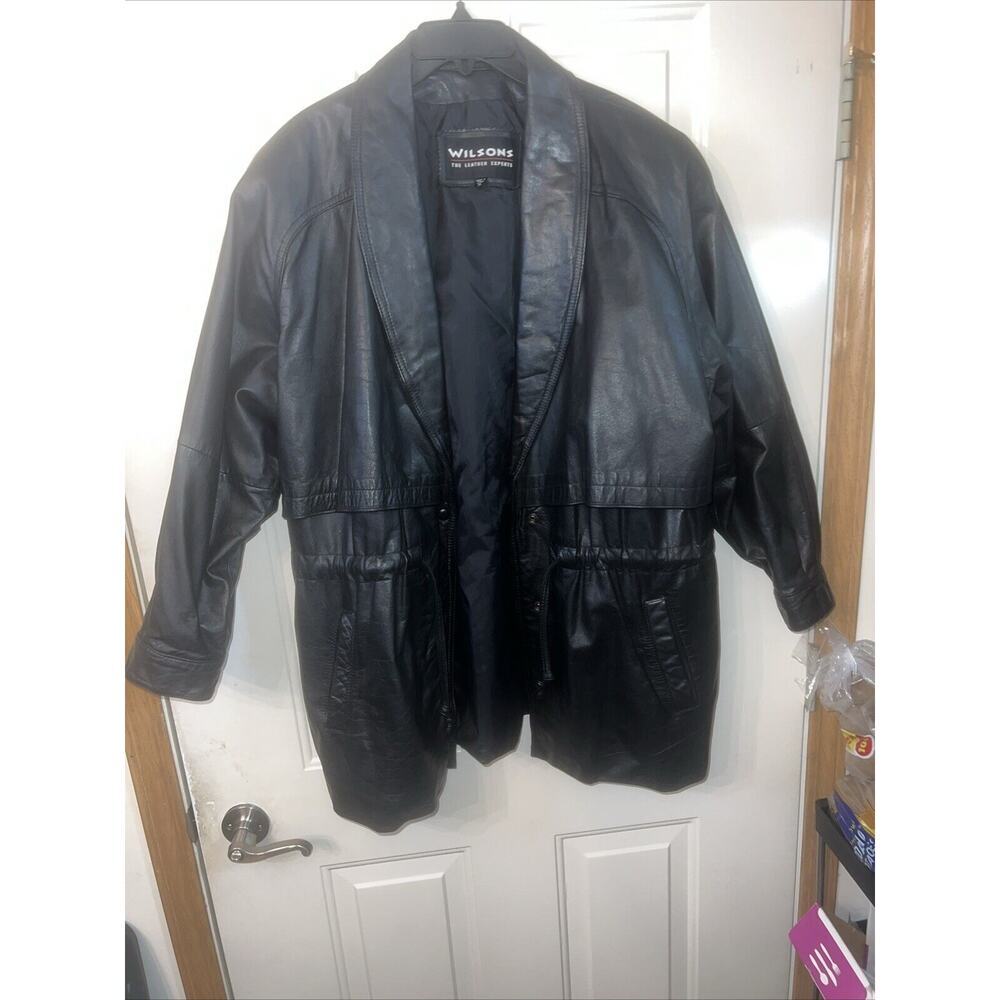 Wilsons Genuine Leather Black Jacket Womens XL VTG Coat Adjustable Waist Belt